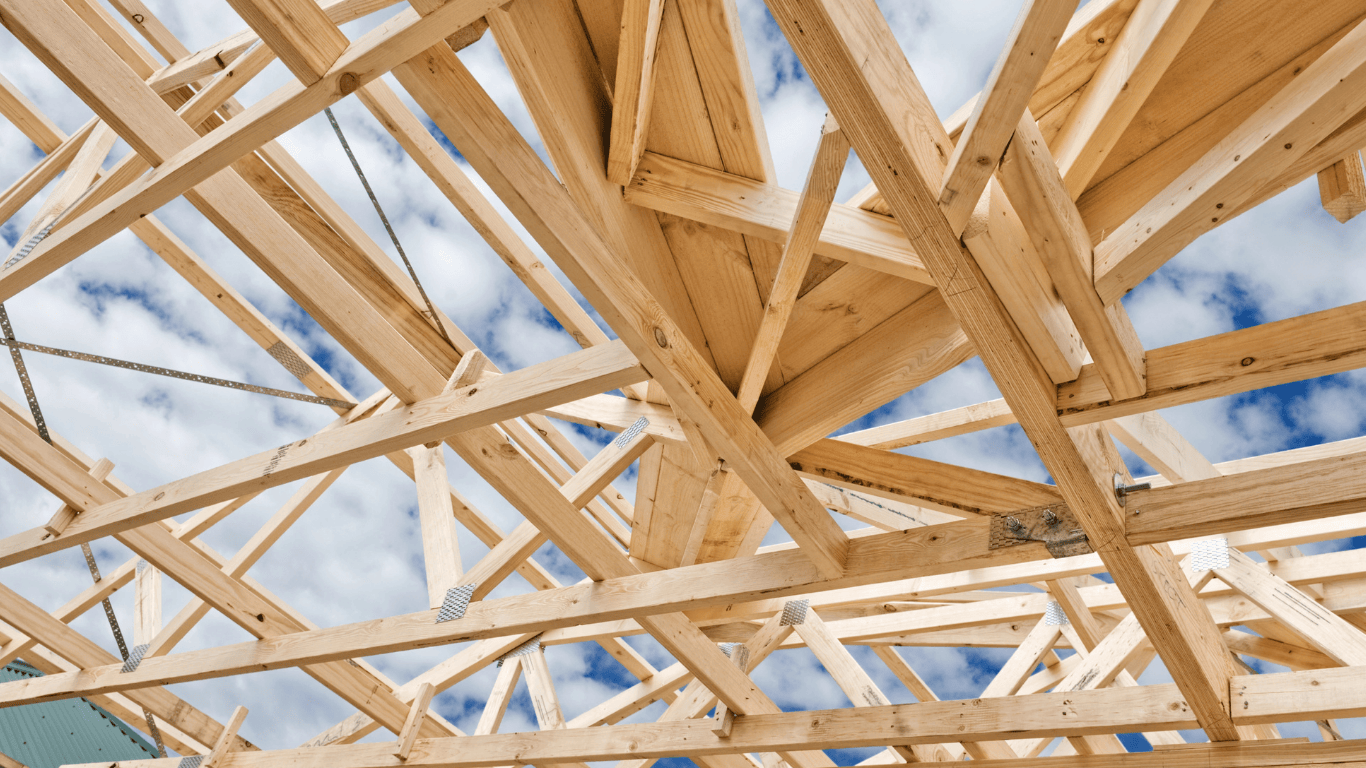 Timber roof framing on a new home build in Australia, representing rising building approvals and increased construction activity.