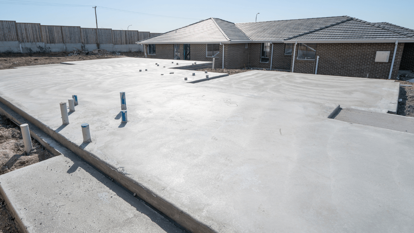 A smooth concrete house slab foundation with plumbing set in place on a residential construction site.