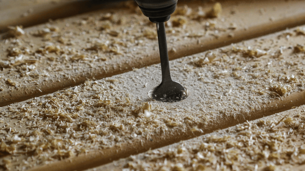 Close-up of a drill cutting into a wooden surface, creating sawdust during woodworking.